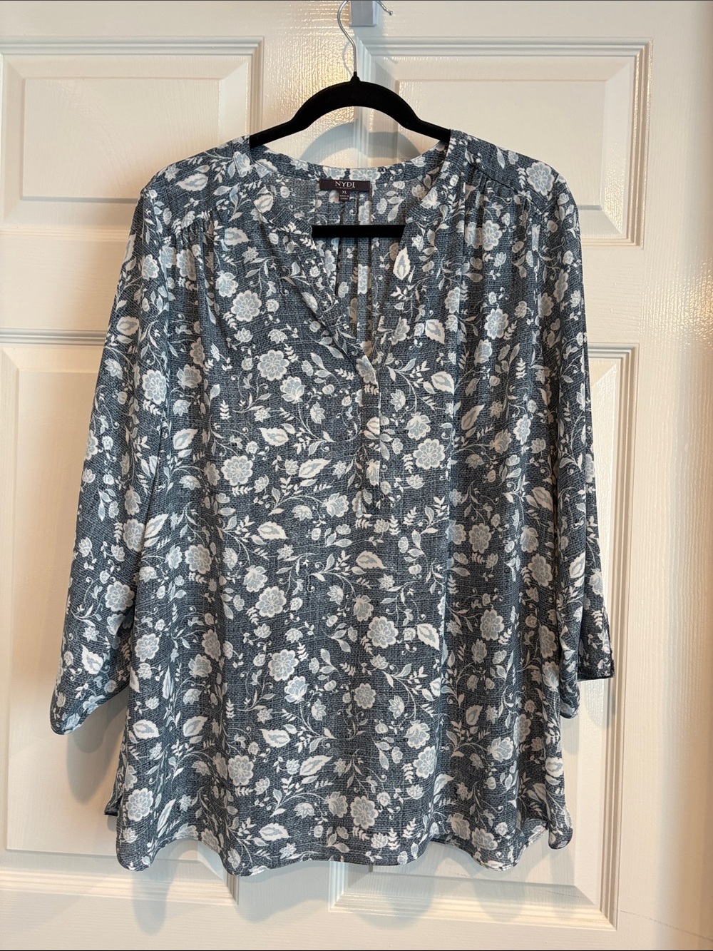 NYDJ Blue and White Floral Split-Neck Tunic